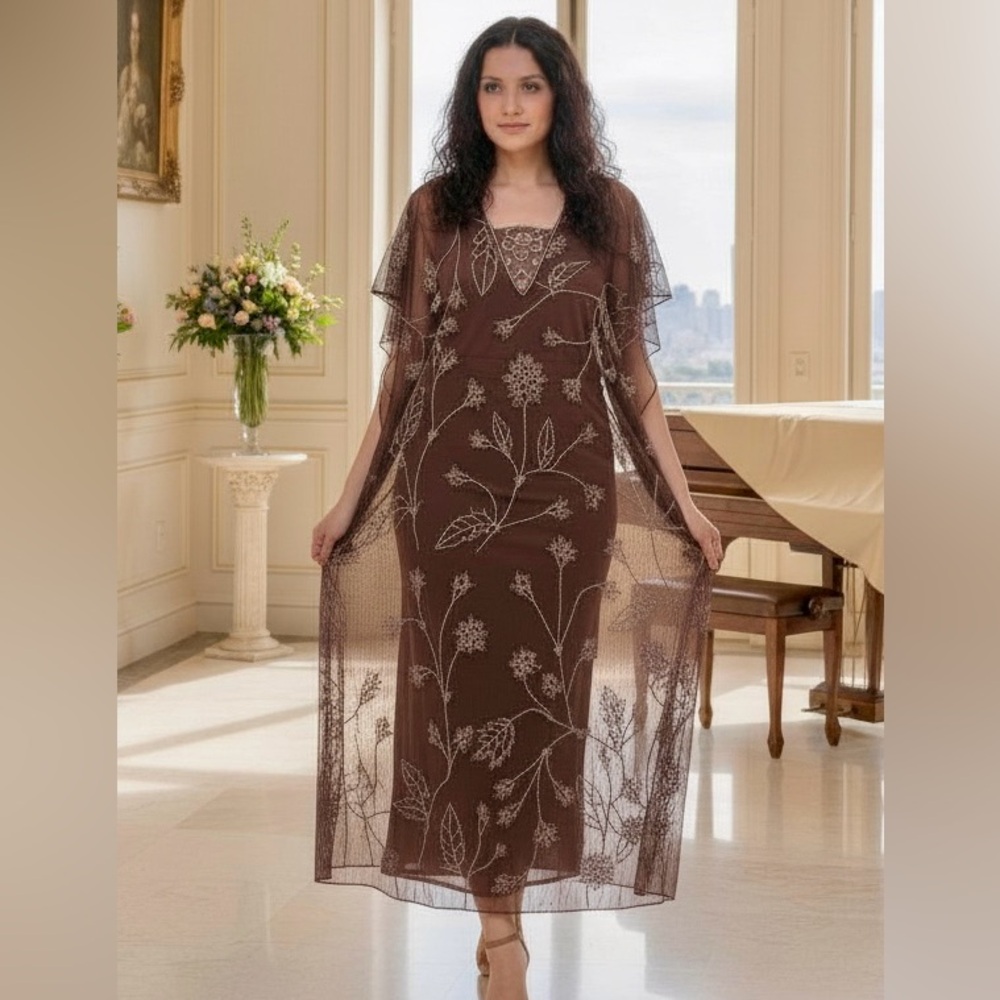 Elegant hand beaded Brown‎ Sheer Floral midi Dress